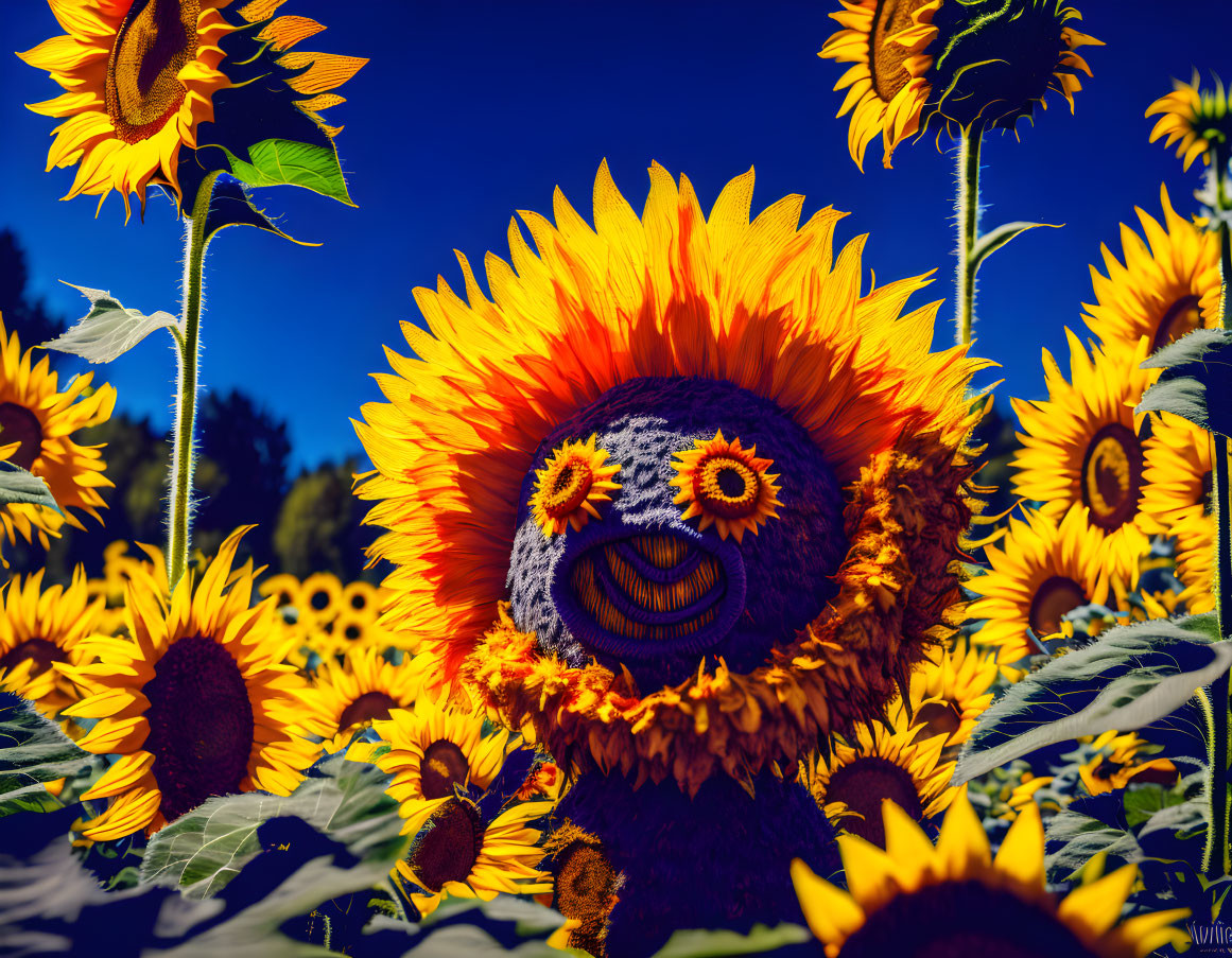 Sunflower field with smiling face edit in creative image