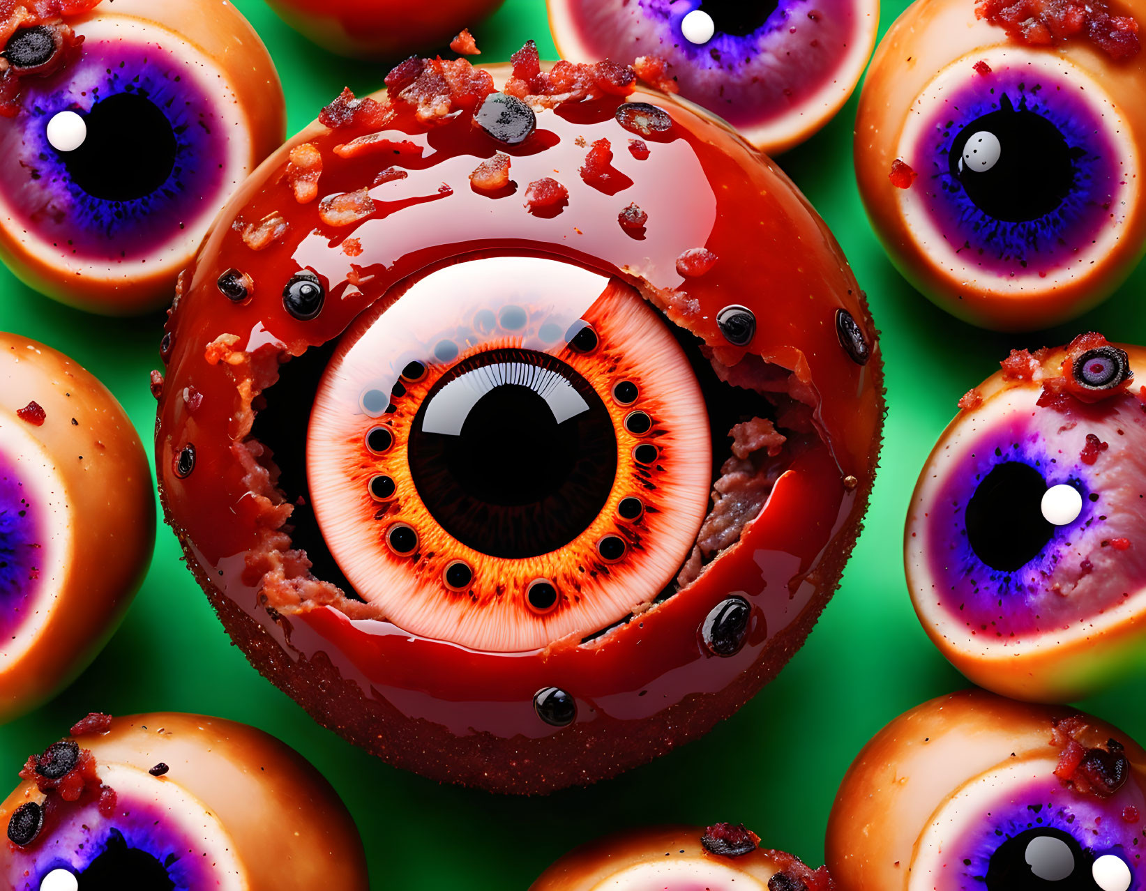 Colorful eyeballs resembling donuts with jam and sprinkles on green background