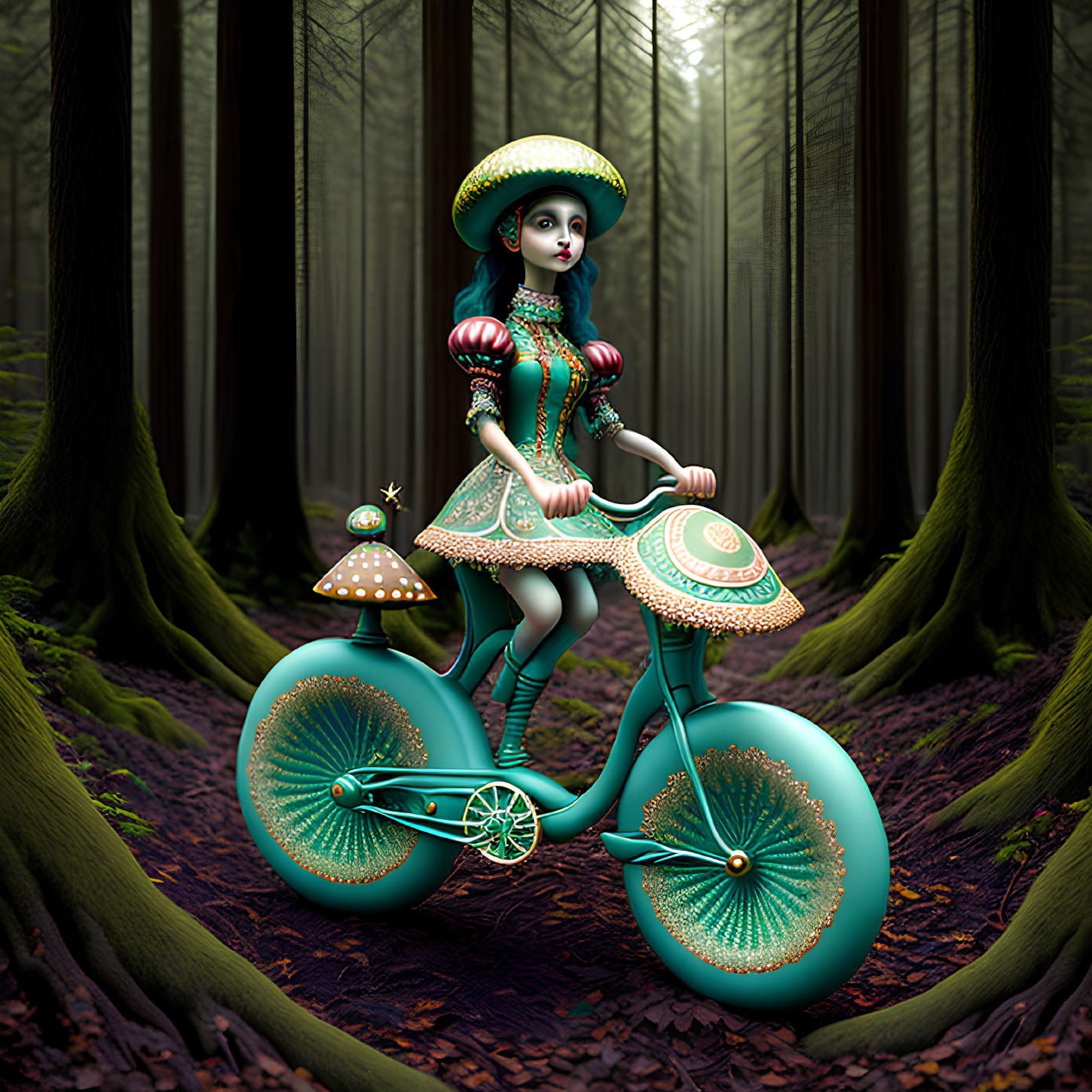 Whimsical blue character on mushroom tricycle in misty forest