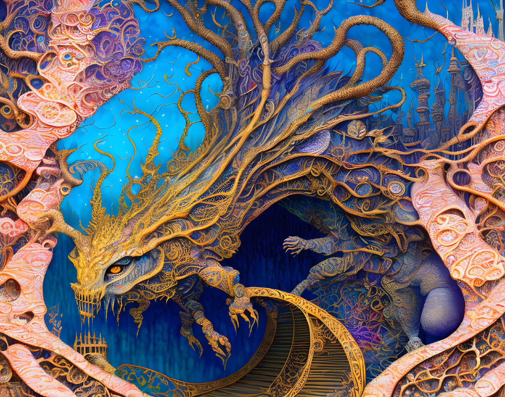 Intricate fantasy artwork: Golden dragon with elaborate scales and horns, set against mystical blue backdrop with