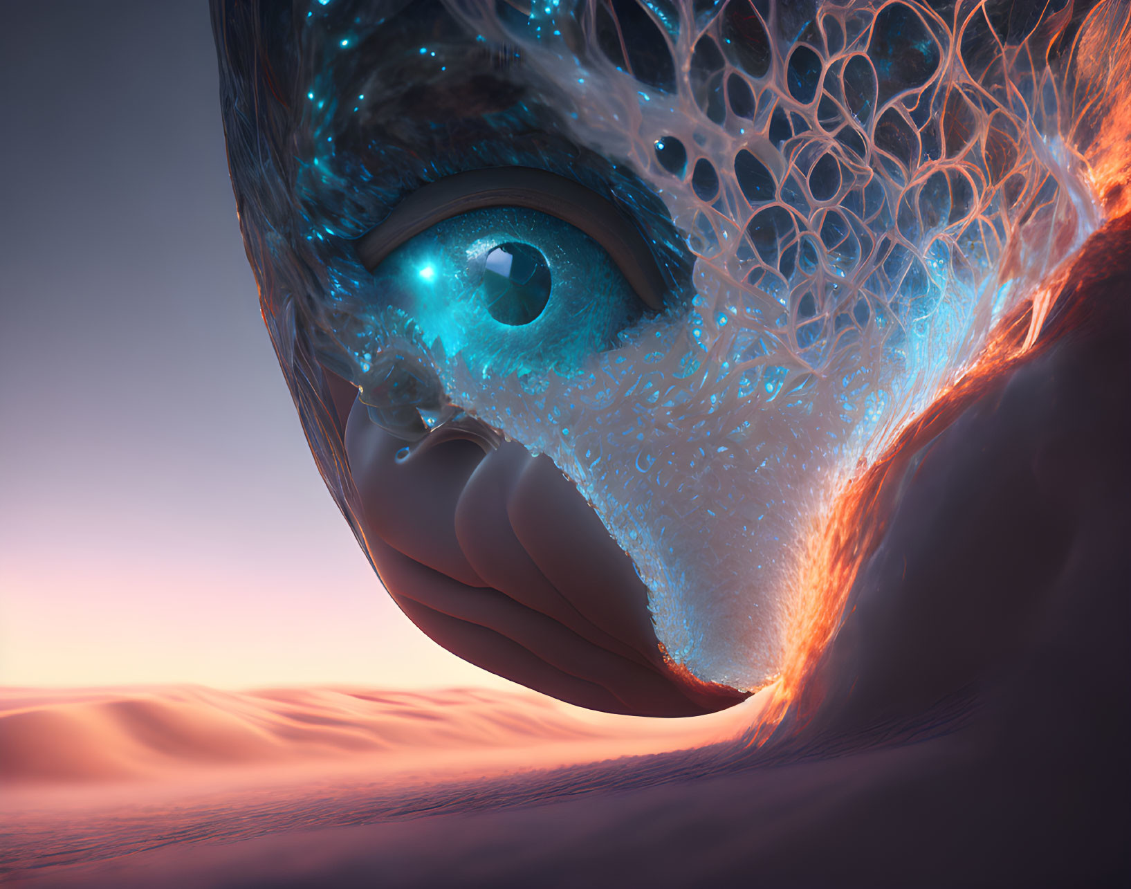 Surreal desert landscape with intricate blue eye-like structure