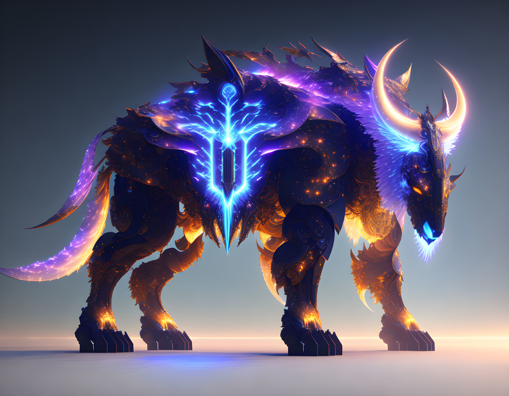 Majestic mythical creature with large horns and armor-like body in ethereal blue light