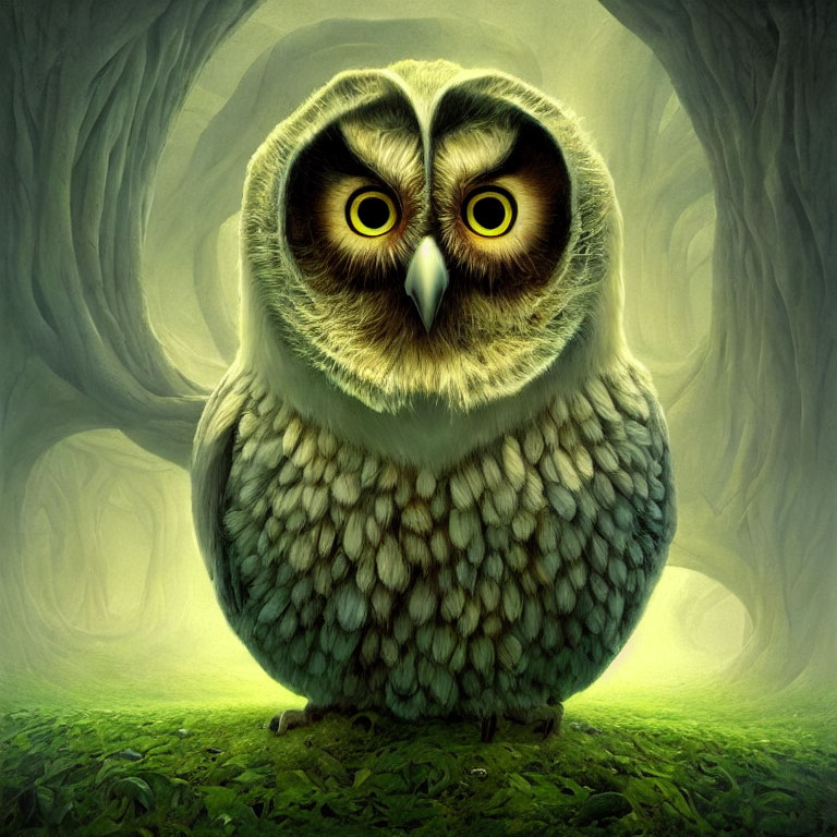 Chubby owl illustration in mystical forest with expressive eyes