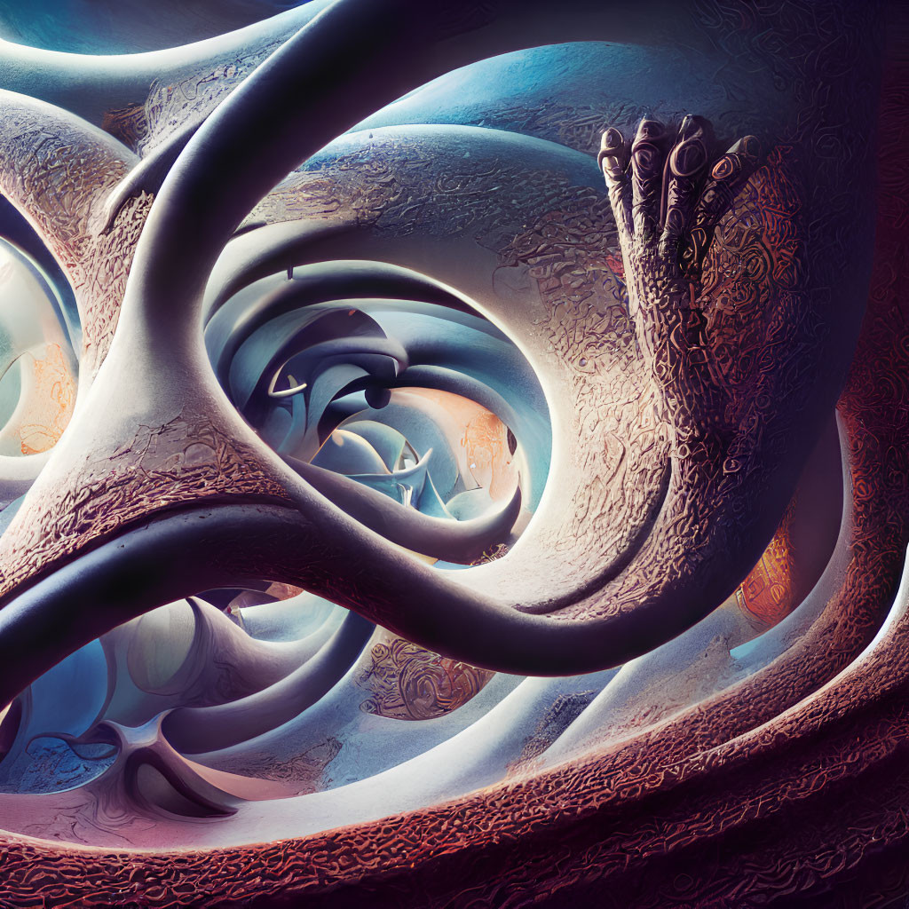 Fractal art: Human-like foot with swirling patterns and cool tones