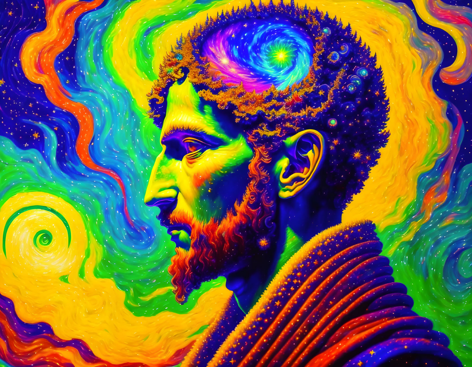 Psychedelic portrait of a bearded man with cosmic hair.