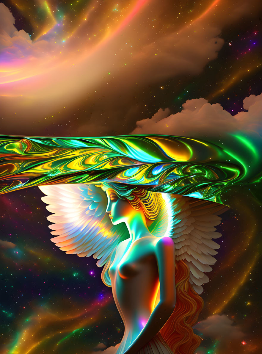 Colorful angelic figure with wings in cosmic digital artwork