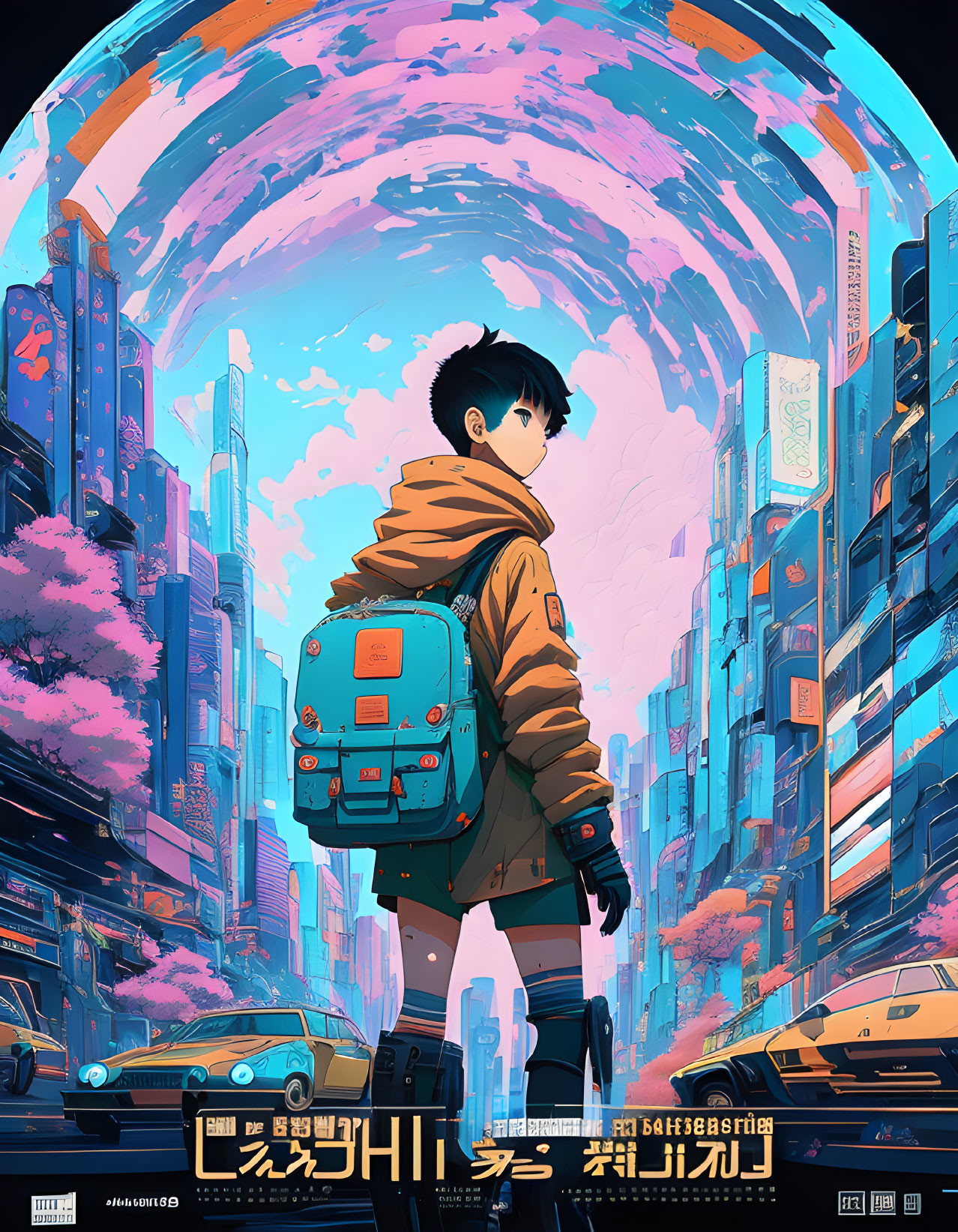 Young person in vibrant futuristic cityscape with circular frame and neon signs