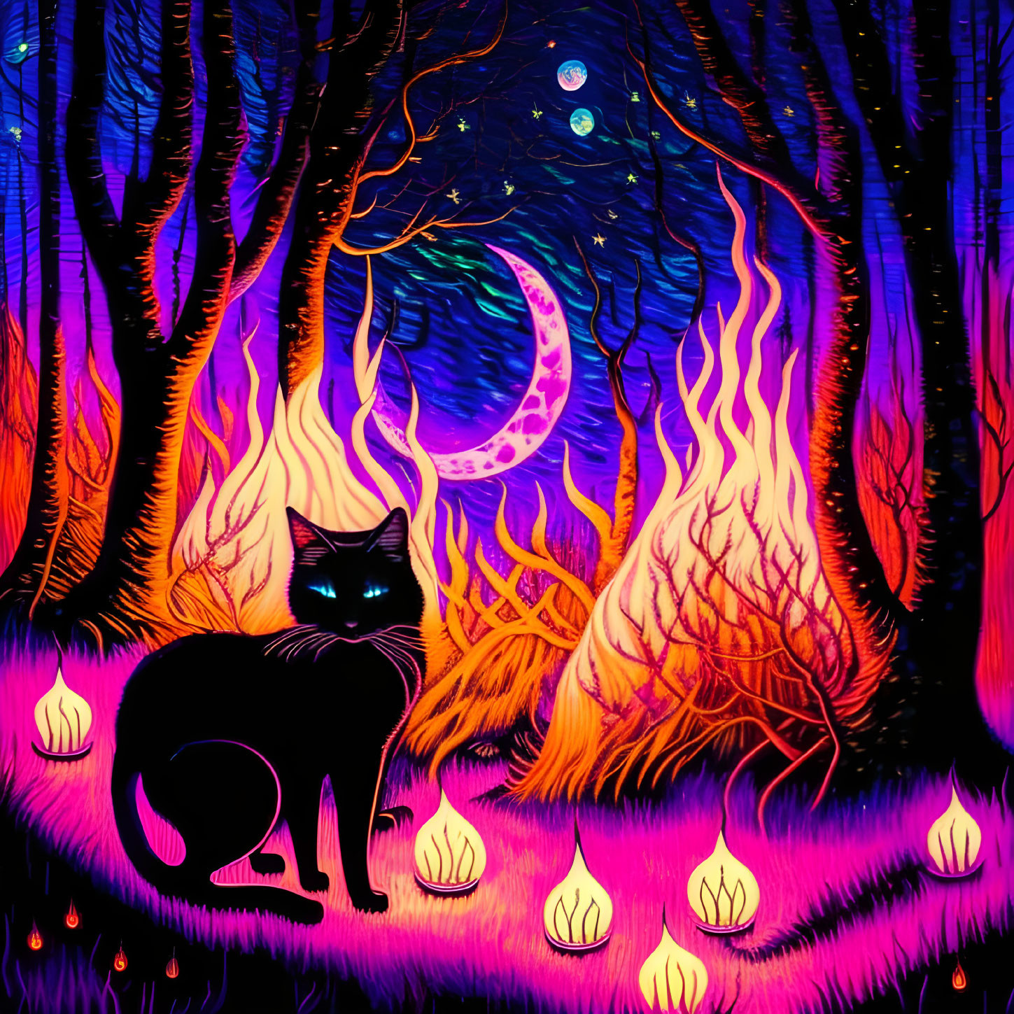 Detailed artwork of black cat in mystical forest with fiery trees, glowing flowers, crescent moon