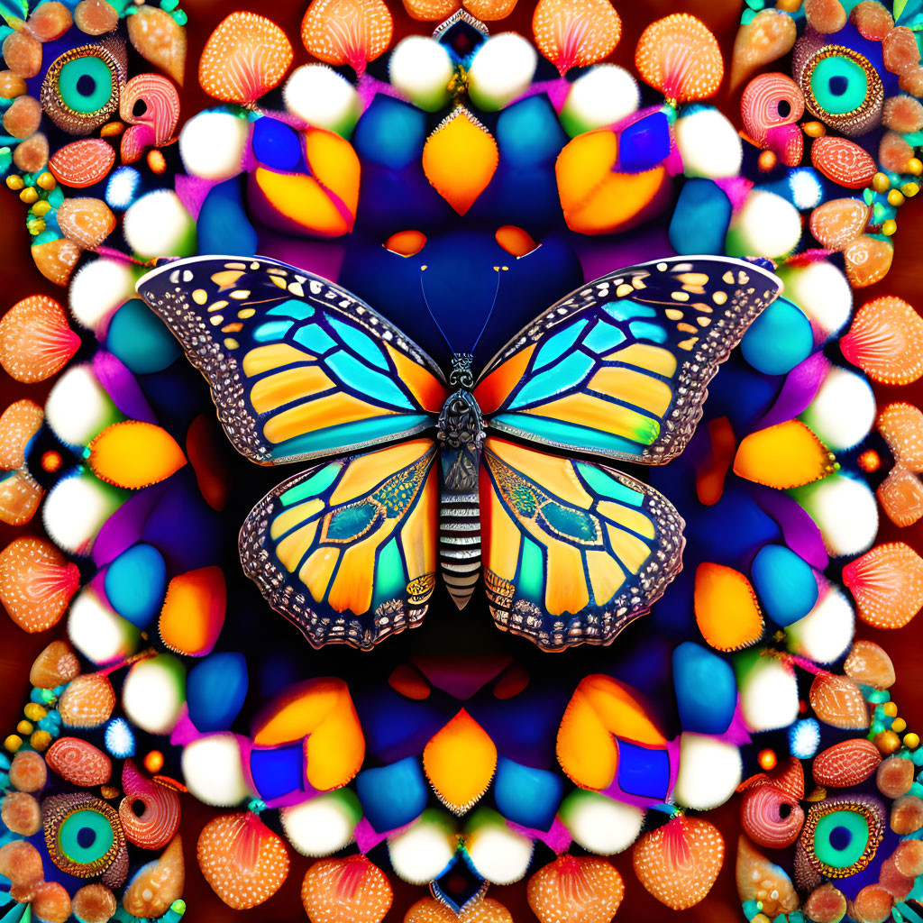 Symmetrical kaleidoscopic image with realistic butterfly and colorful abstract patterns