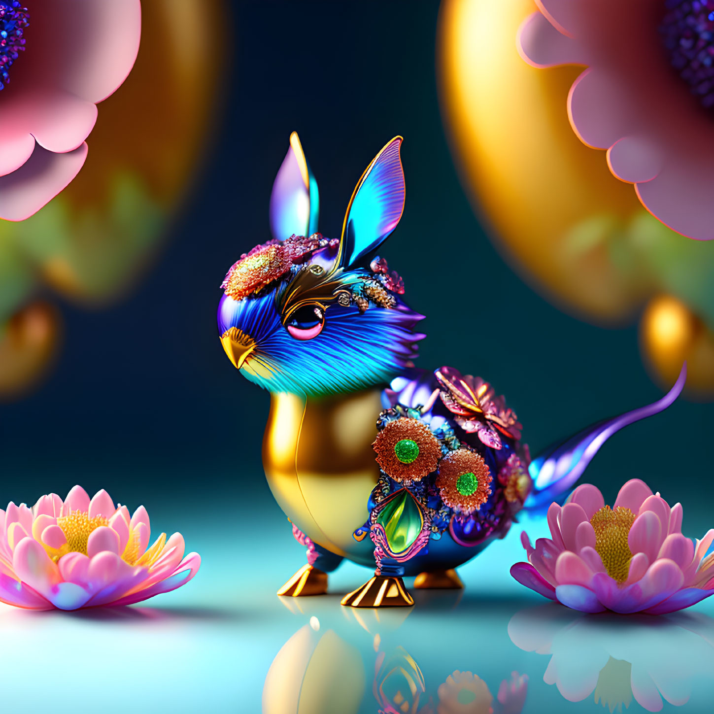 Colorful Fantastical Rabbit Artwork with Floral Motifs and Floating Elements