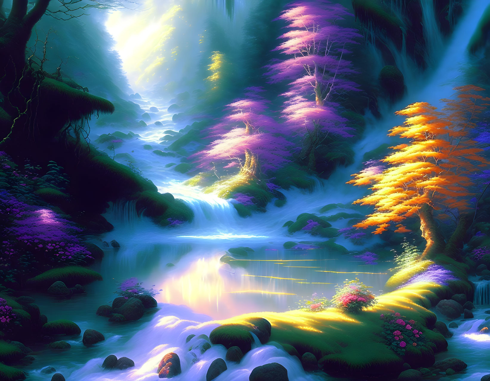 Colorful Fantasy Landscape with Waterfall and Reflective River