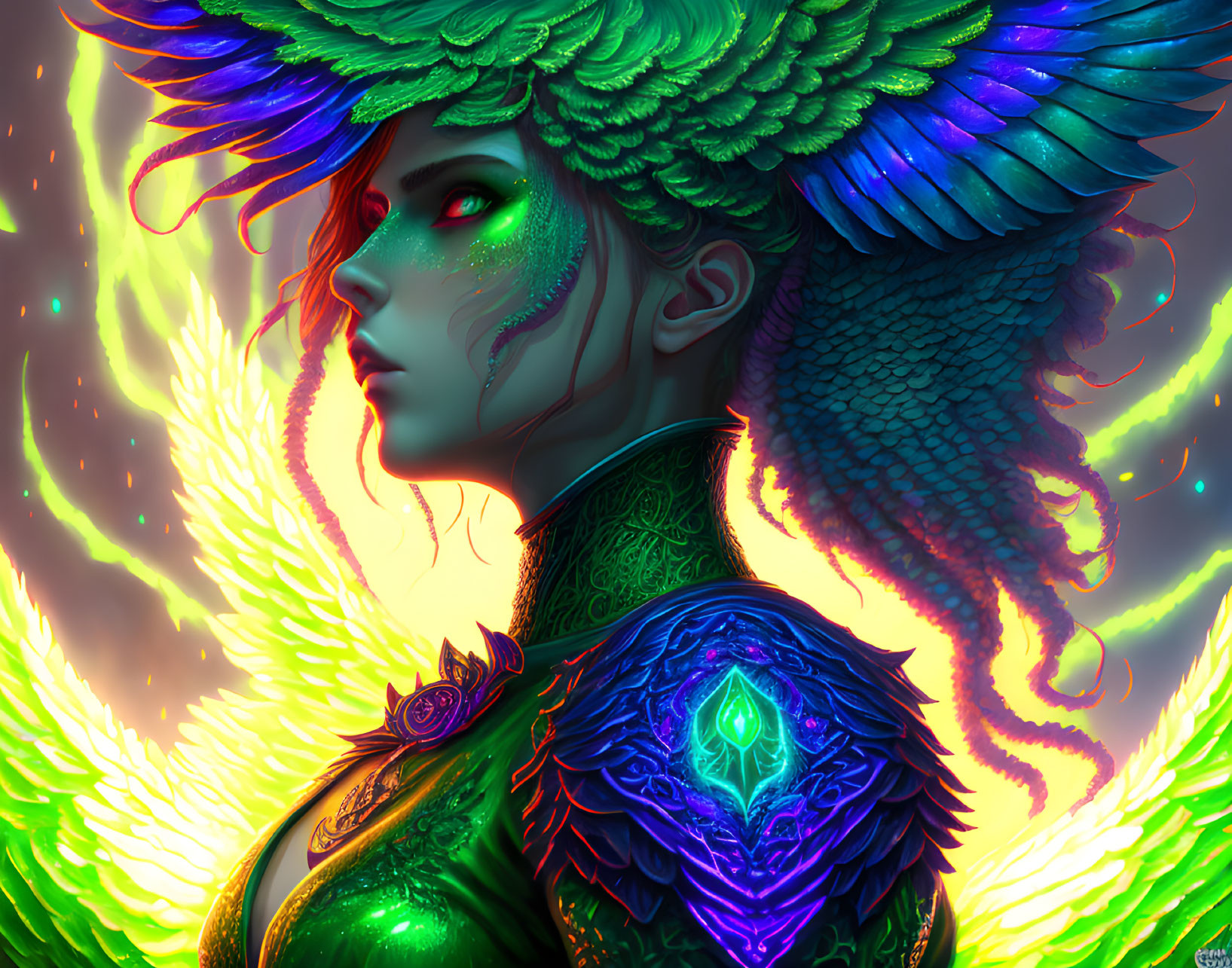 Female figure with peacock feathers, green eyes, tattoos, and ethereal light backdrop