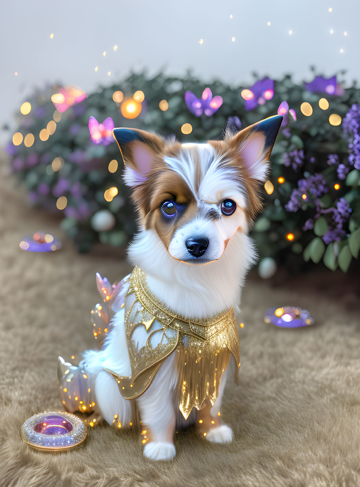 White and Brown Fur Dog with Golden Wings Surrounded by Fairy Lights and Purple Flowers