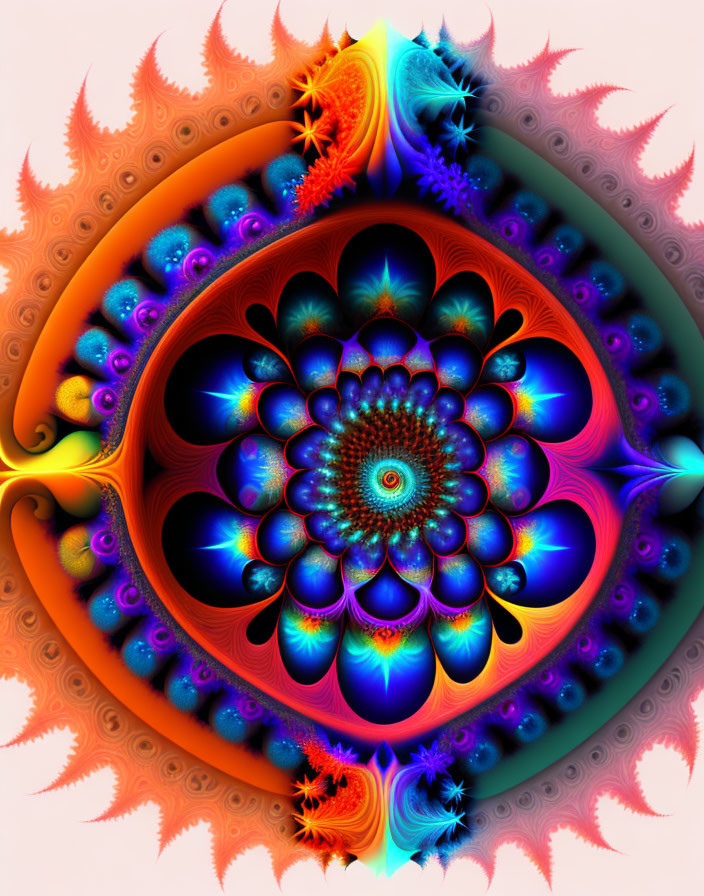 Colorful Symmetrical Fractal Pattern in Blue, Purple, Orange, and Red