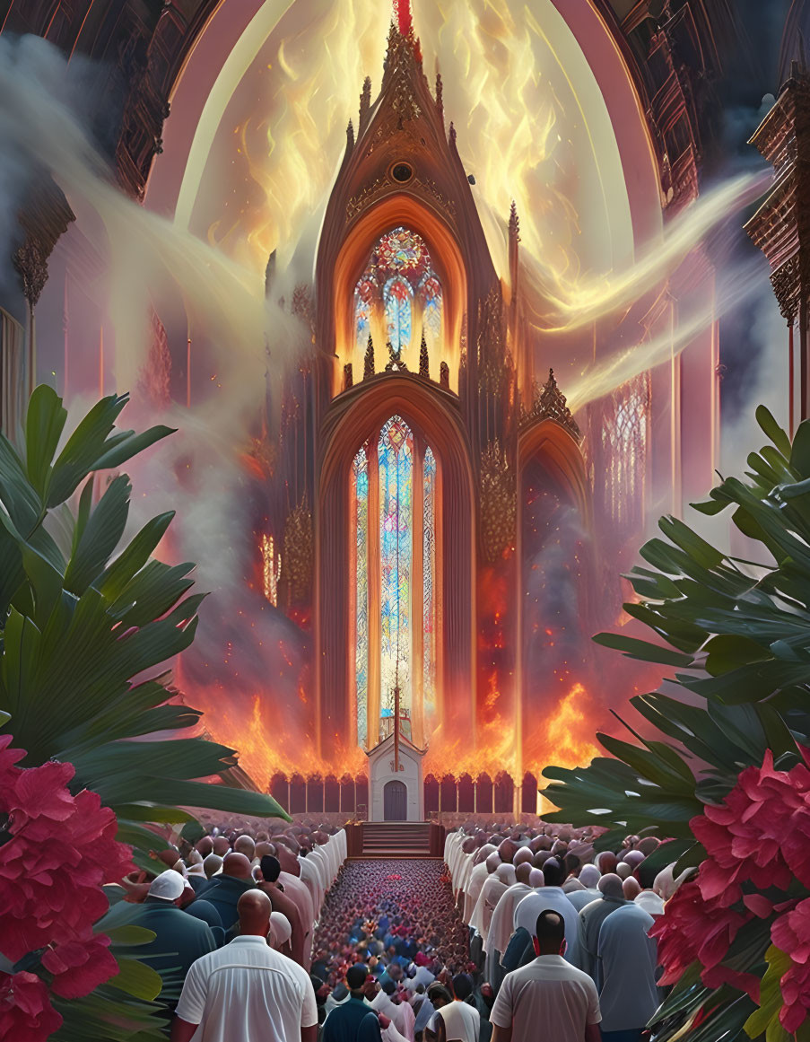 Grand cathedral interior illuminated by ethereal light and engulfed in flames