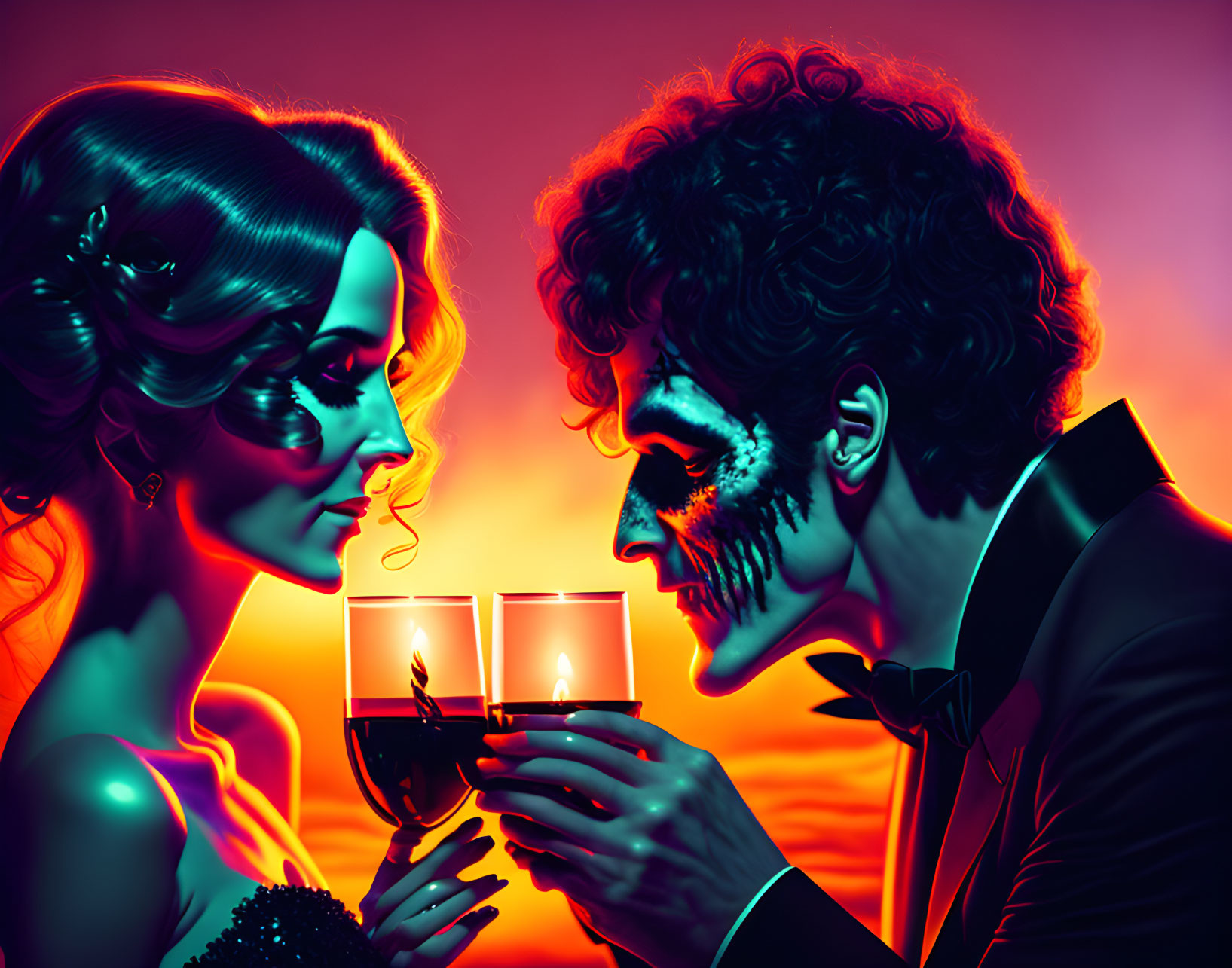 Stylized illustration of elegant woman and man with half-skull face toasting with wine