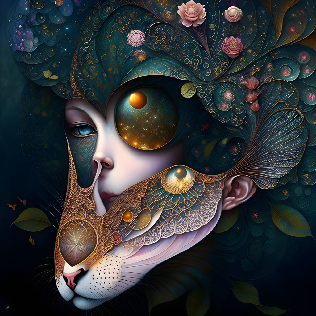 Surreal portrait blending woman's face with cosmic, floral, fish-like shapes