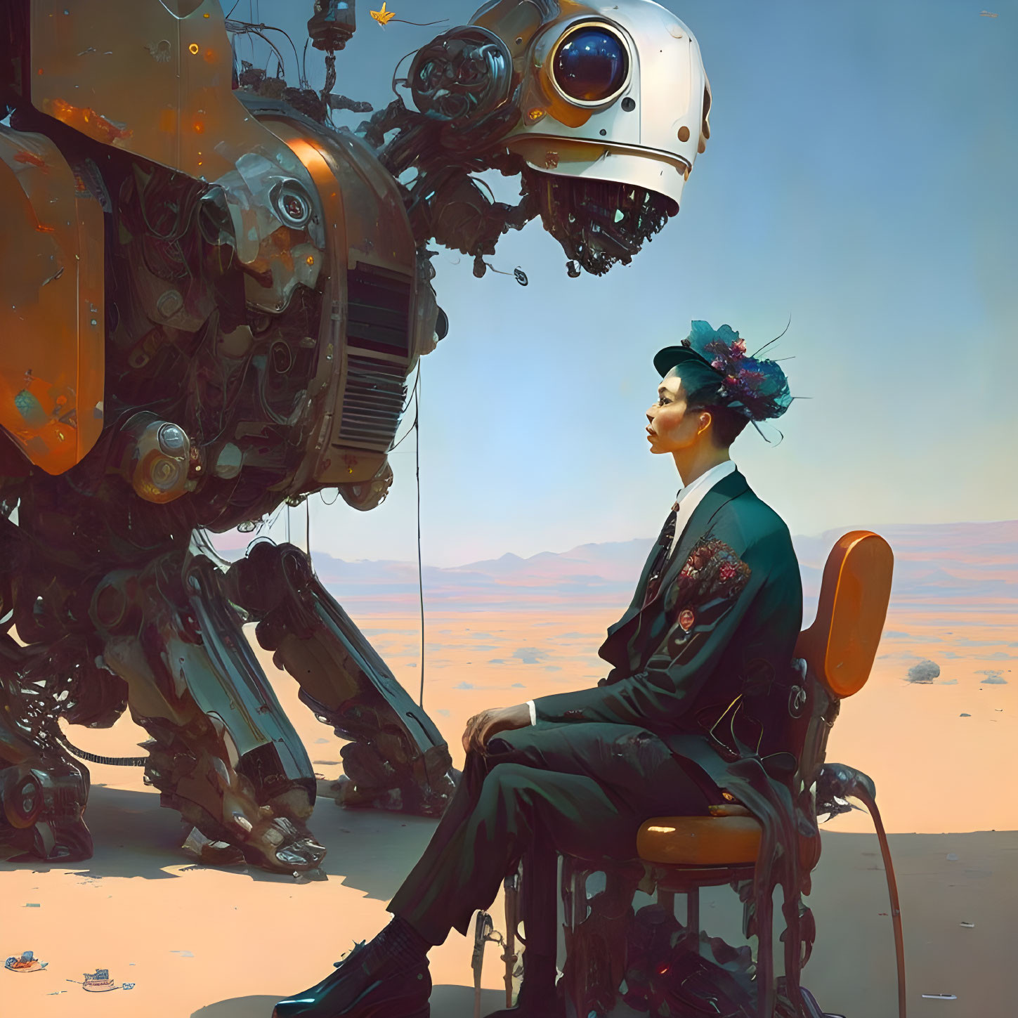 Person in suit with floral headpiece meets intricate robot in desert landscape