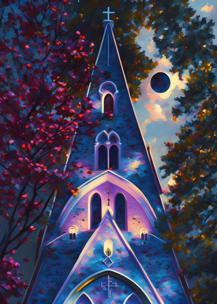 Illustration of Gothic church with spire, autumn trees, and solar eclipse