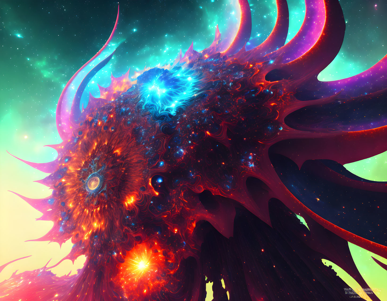 Colorful cosmic entity with glowing tendrils and nebulas against celestial backdrop