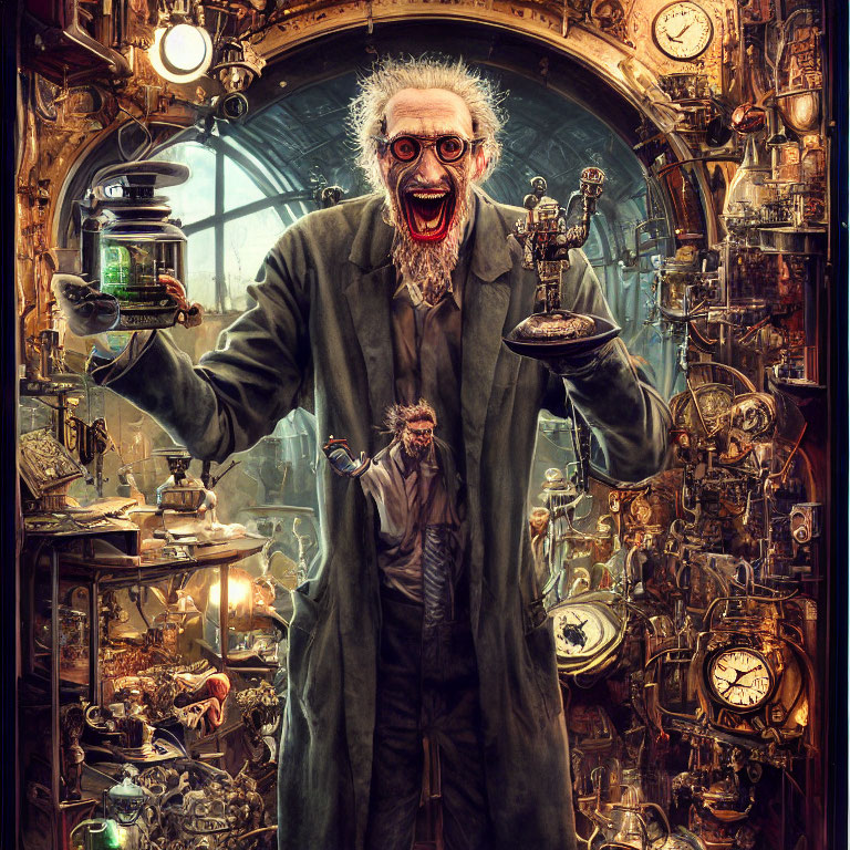 Eccentric steampunk laboratory with excited scientist