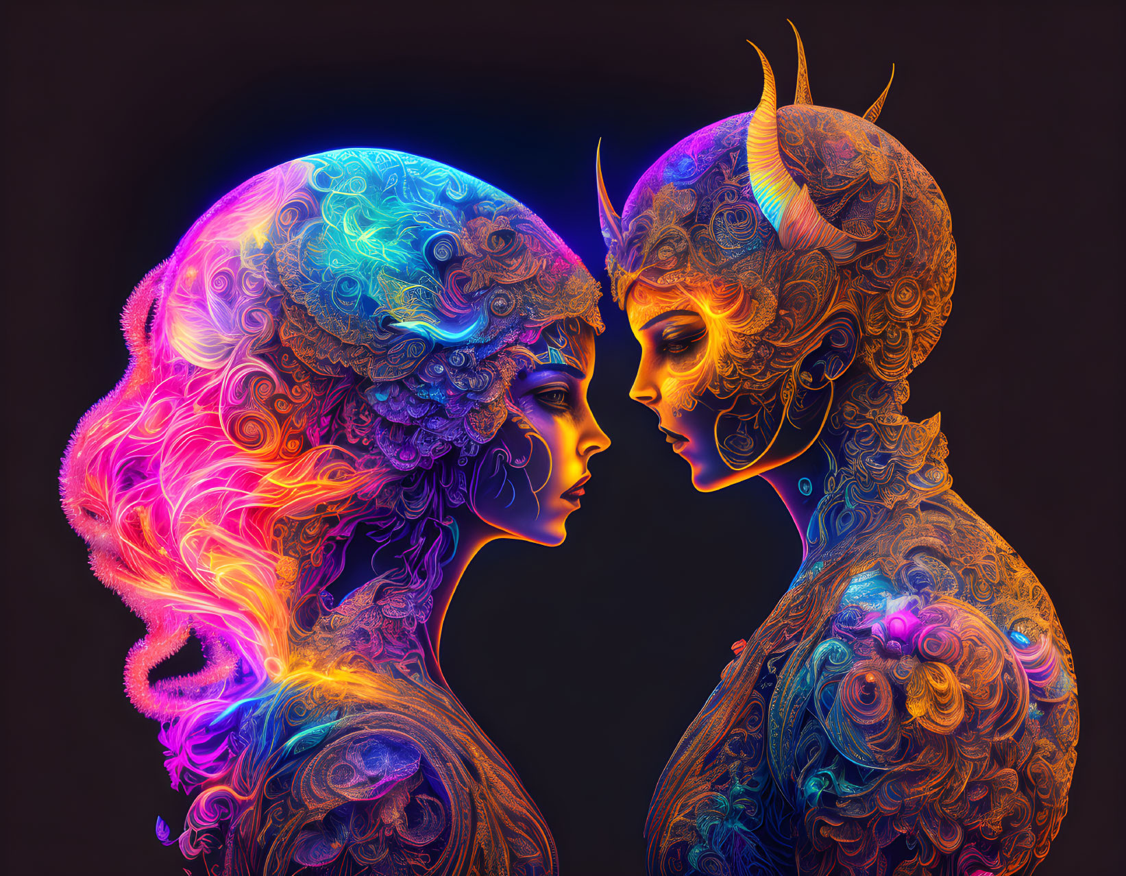 Vibrant fantasy figures with glowing neon features on dark background