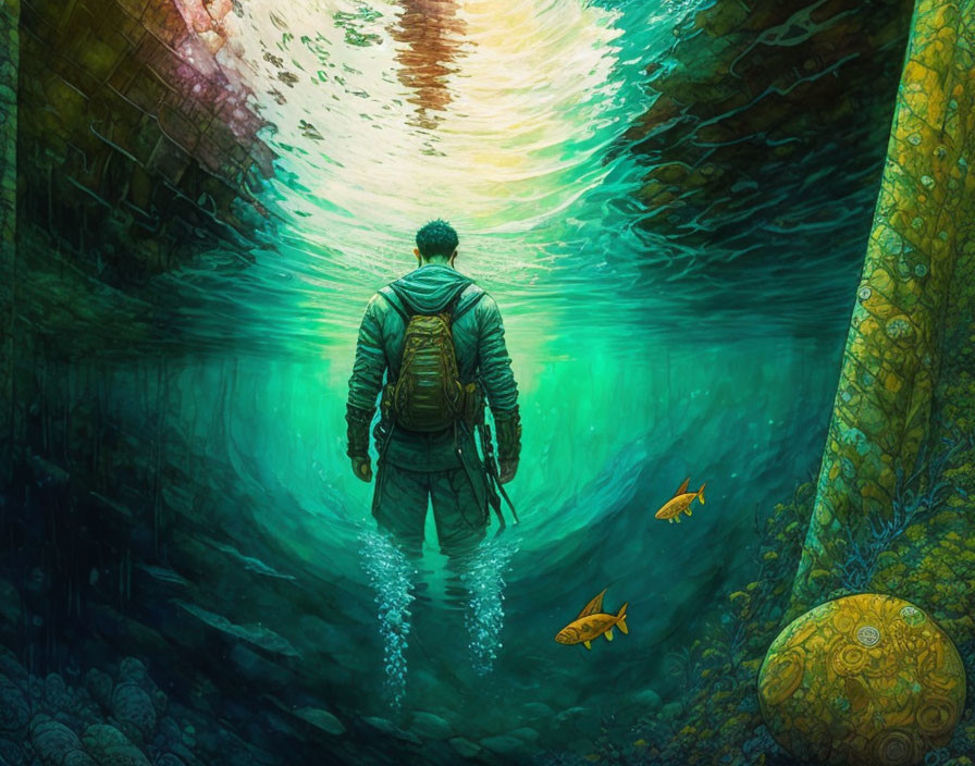 Person with backpack underwater surrounded by fish and plants in sunlight.