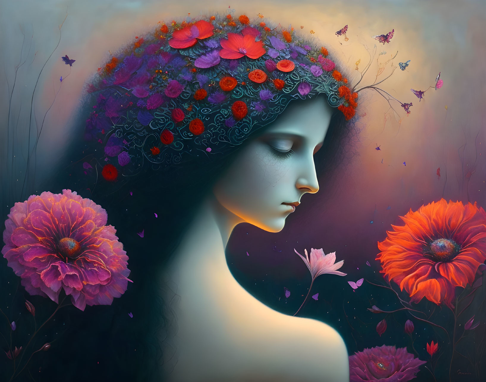 Serene female figure with floral crown in mystical violet setting