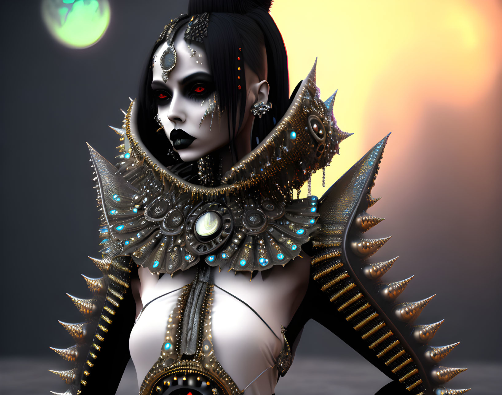 Digital artwork: Woman in gothic makeup, wearing metallic fantasy armor with spikes and gems, set against