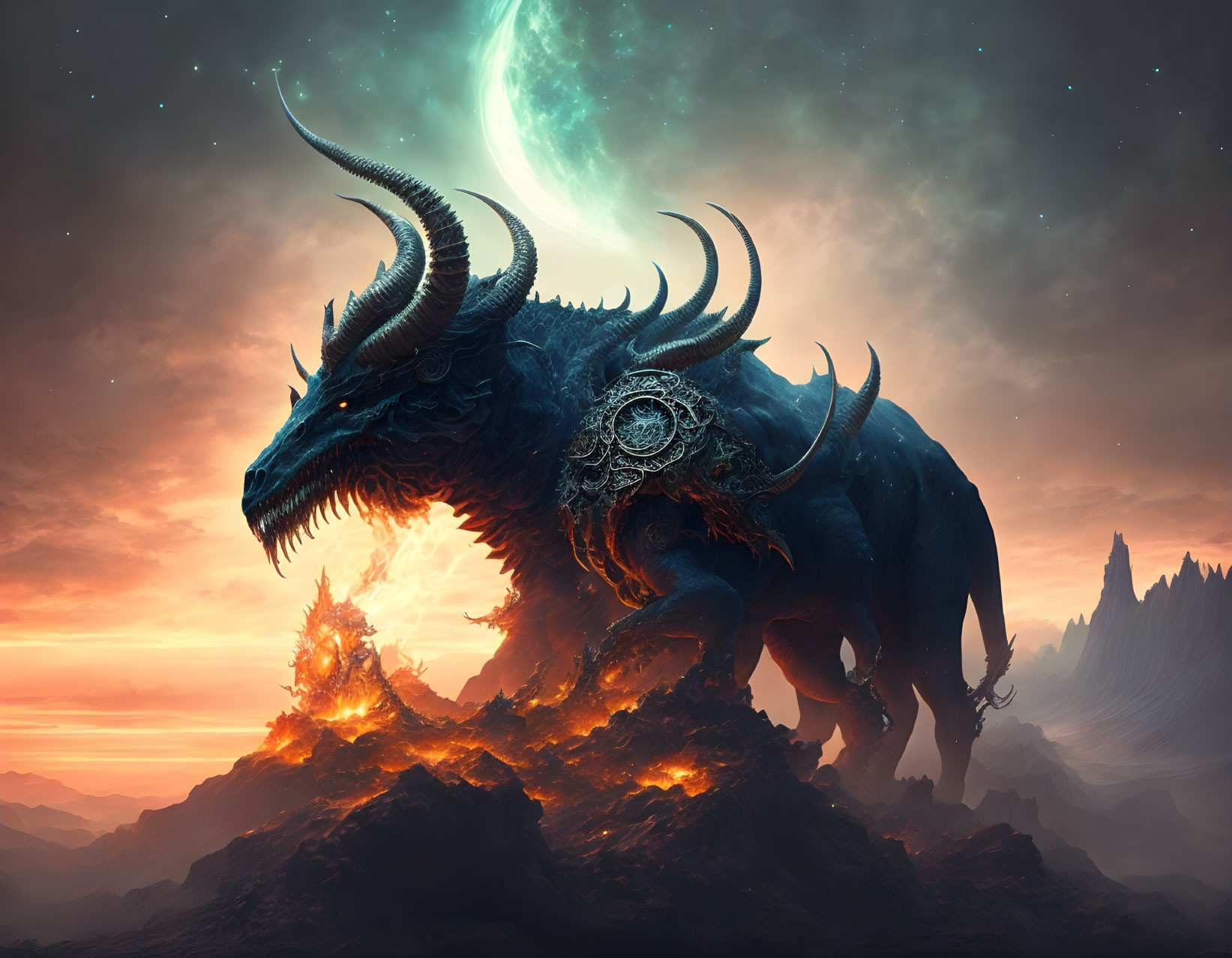 Majestic dragon on molten landscape with large moon, fiery glow, and rocky terrain