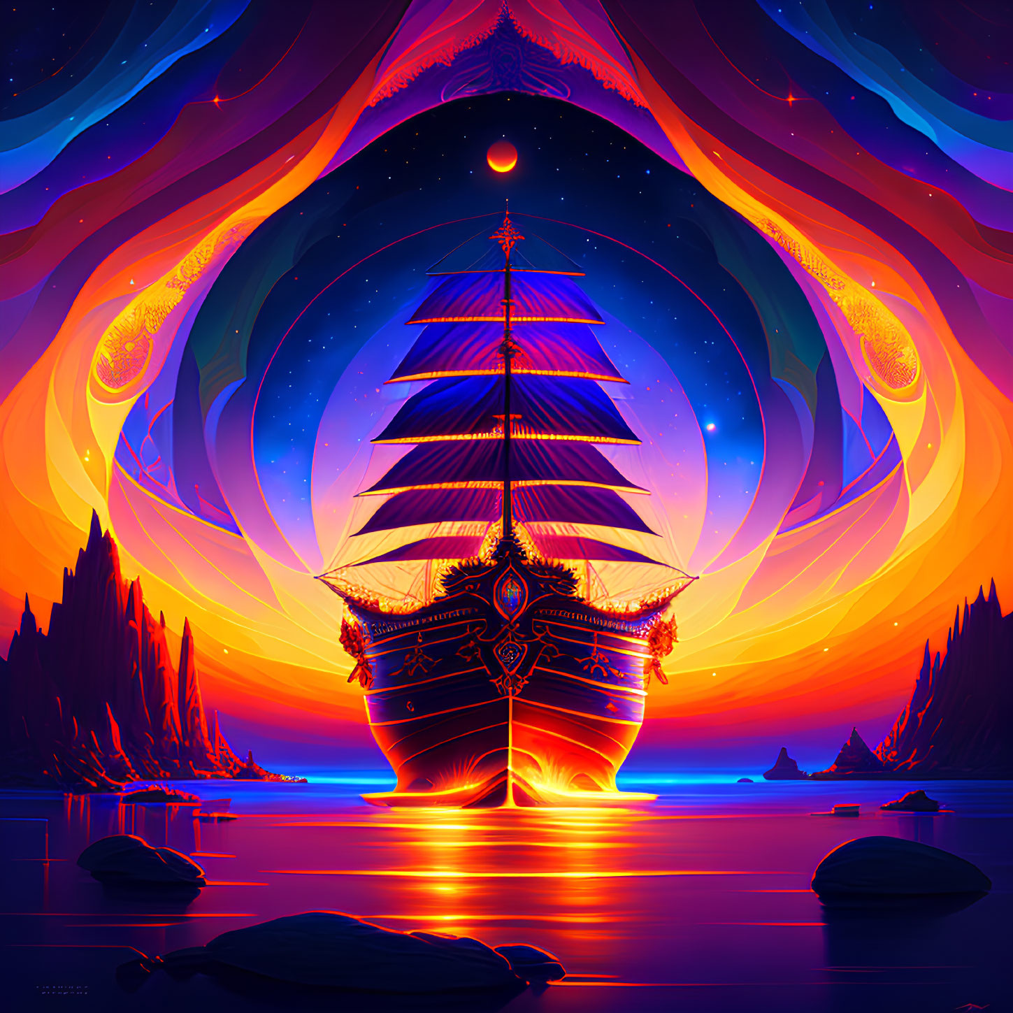 Colorful sailboat digital art on surreal sea with cosmic sky