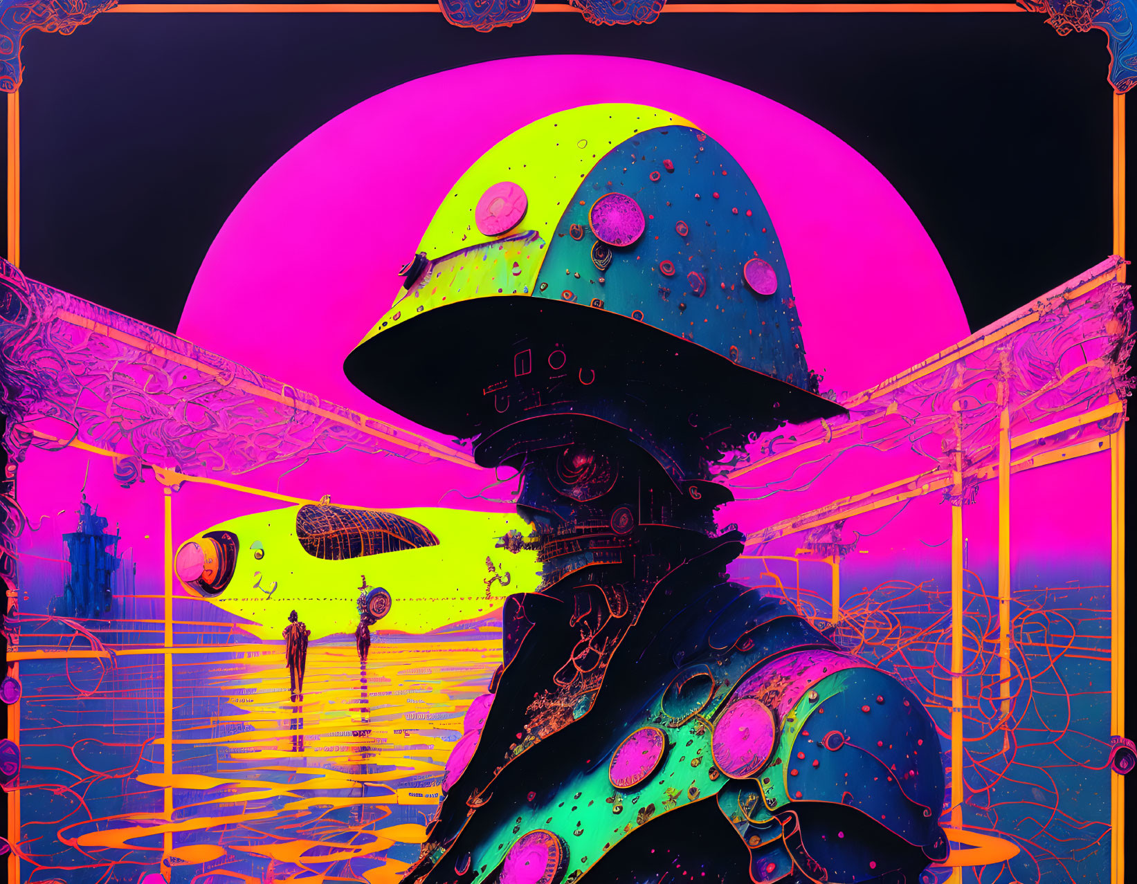 Colorful Sci-Fi Art: Large Robot Head Silhouette, Pink & Yellow Tones, Futuristic