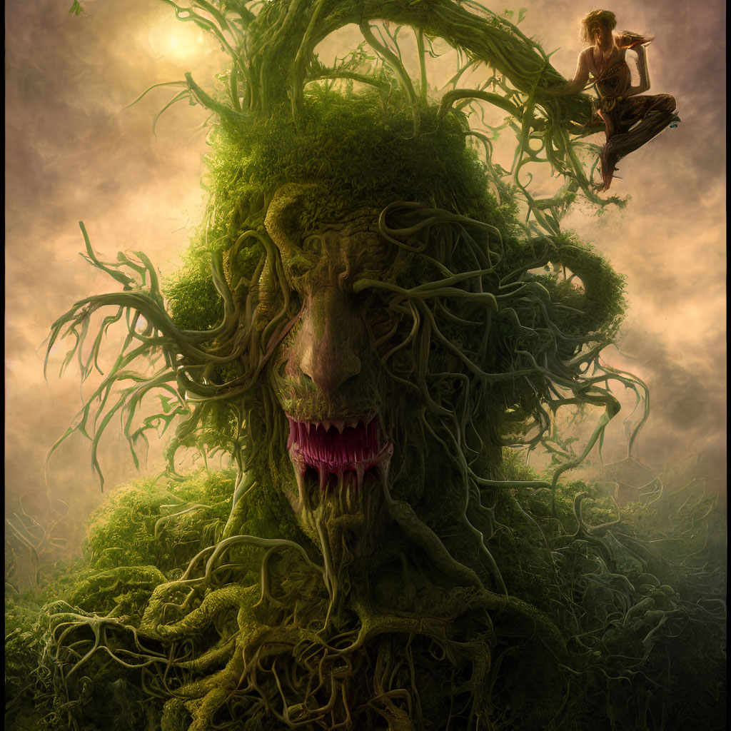 Giant tree creature and person in mystical forest scene