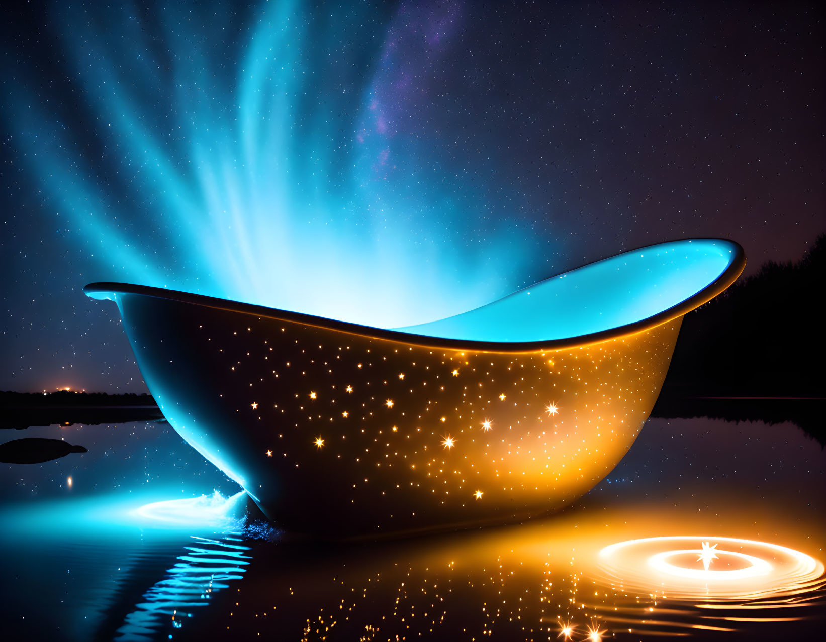 Bathtub Glowing with Light and Stars Against Night Sky