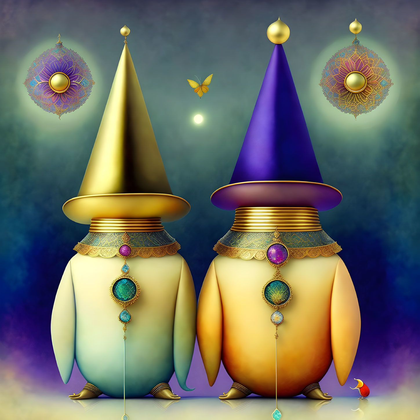 Whimsical egg-shaped characters with pointy hats and a butterfly in surreal setting