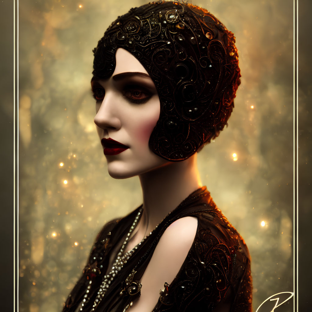 Vintage Portrait of Woman with Bob Haircut and Beaded Cap on Golden Bokeh Background