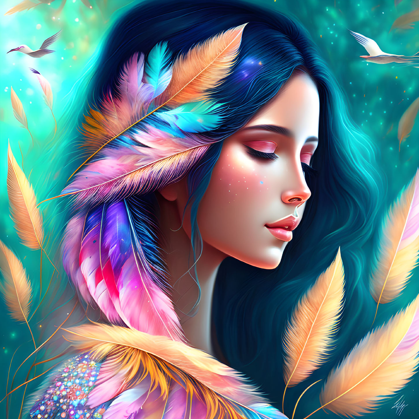 Colorful illustration of woman with blue hair and feathers, birds in background