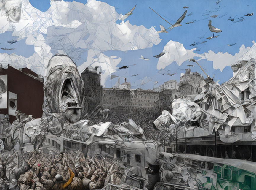 Monochromatic collage of chaotic urban scenes and screaming faces