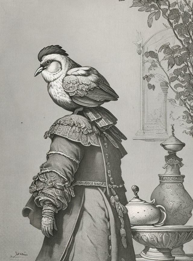 Detailed black and white illustration of owl on person's shoulder in historical attire with teapot.