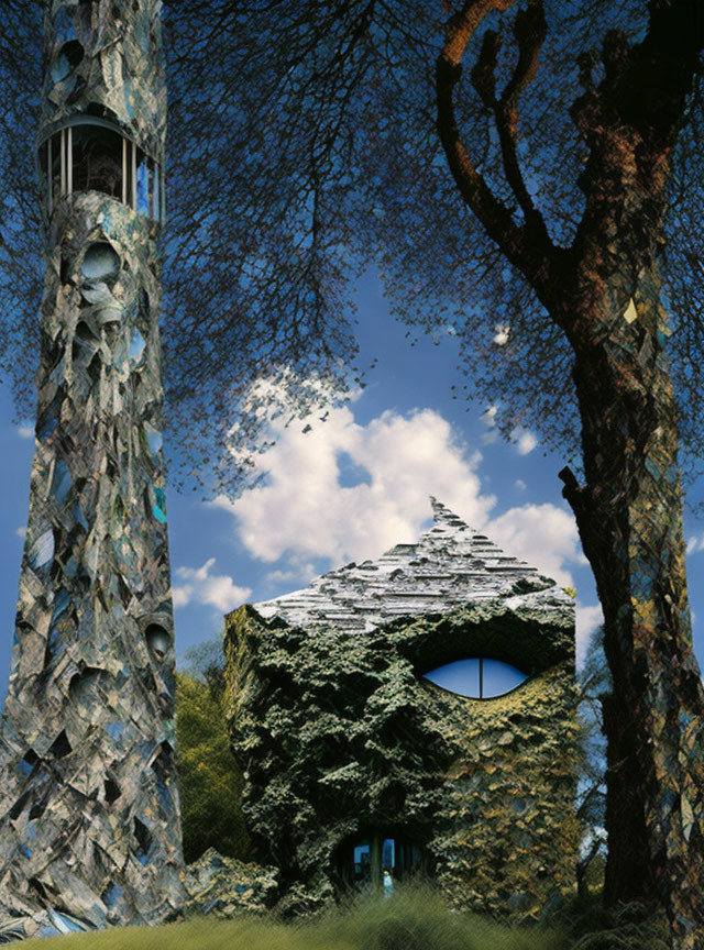 Irregular Stone Building with Round Windows and Ivy Next to Tower with Mirror-like Facets