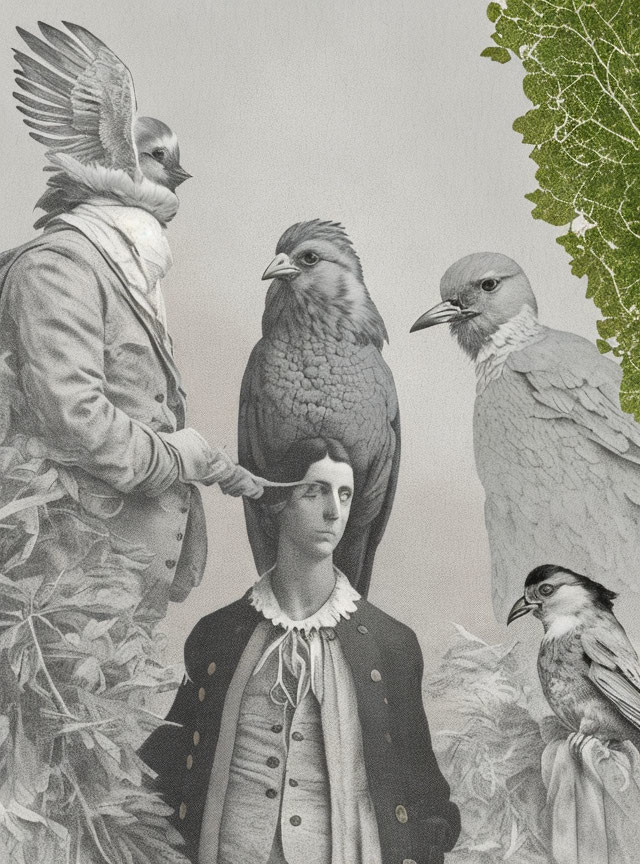 Surreal vintage attire woman with birds' heads in grayscale botanical collage