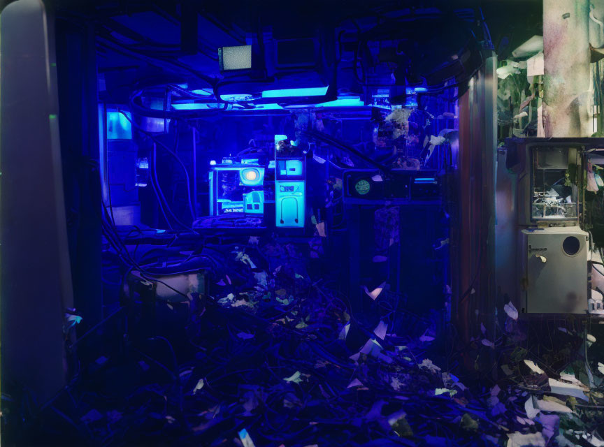 Cluttered room with electronic equipment, blue lighting, cables, and leaves.