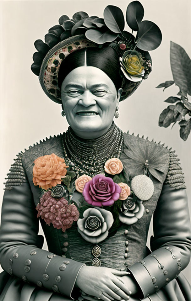 Monochromatic image of smiling person in Victorian-era dress with colorful floral adornments