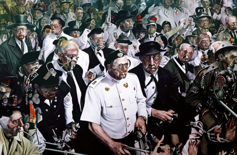 Diverse male figures in military and police uniforms in crowded painting