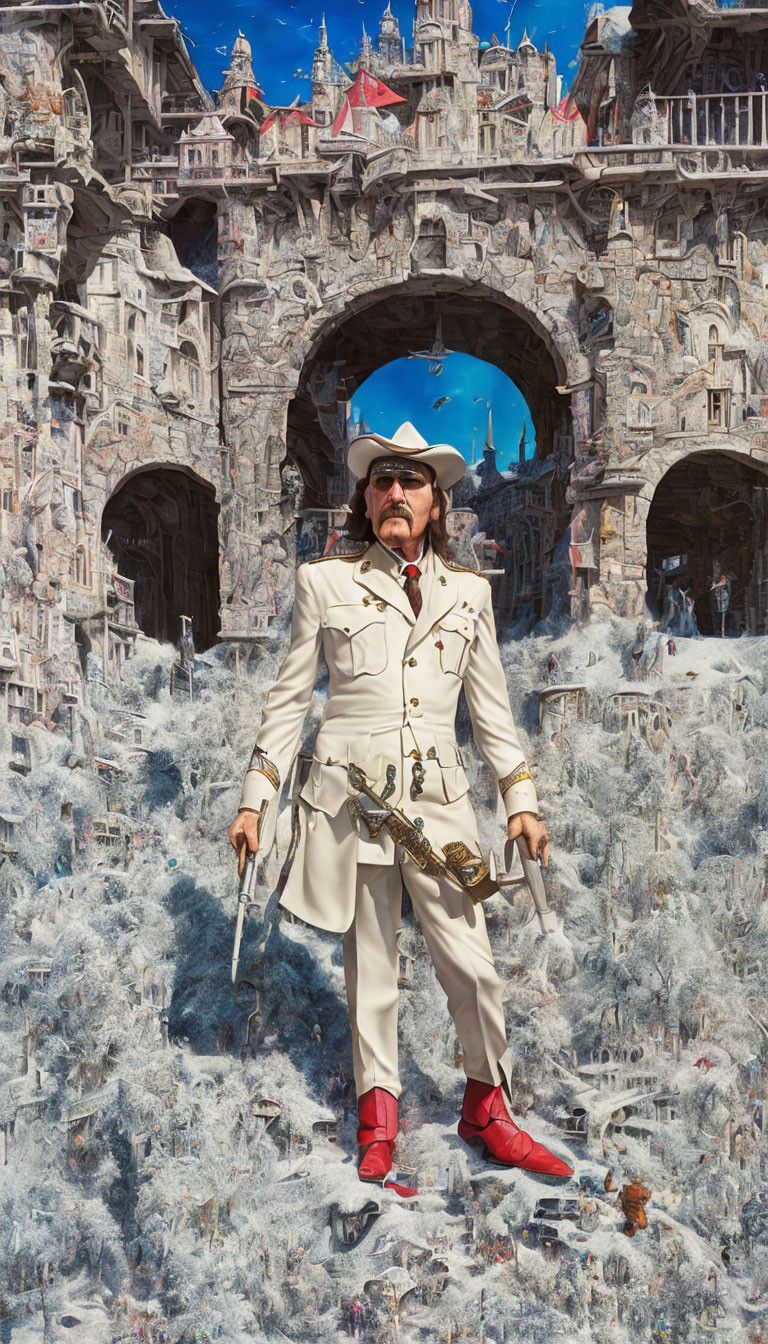 Man in white military-style suit and sunglasses standing in front of baroque castle