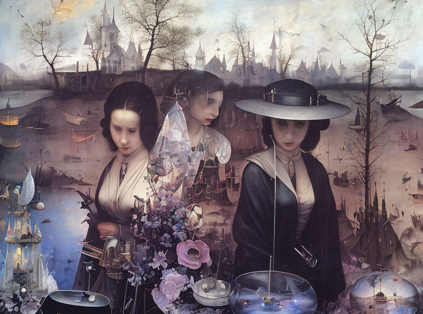 Three women in vintage attire with surreal elements in dreamlike landscape