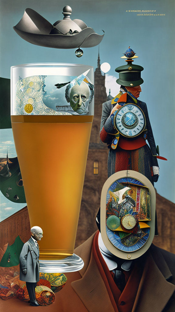 Surreal collage featuring beer pint, eclectic characters, and historical cityscapes