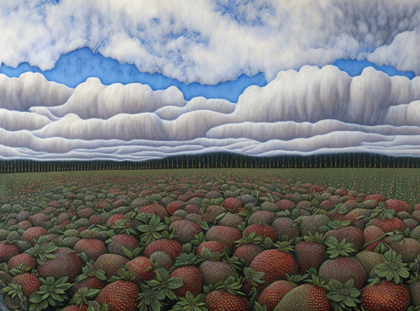 Surreal Landscape with Oversized Strawberries and Fluffy Clouds