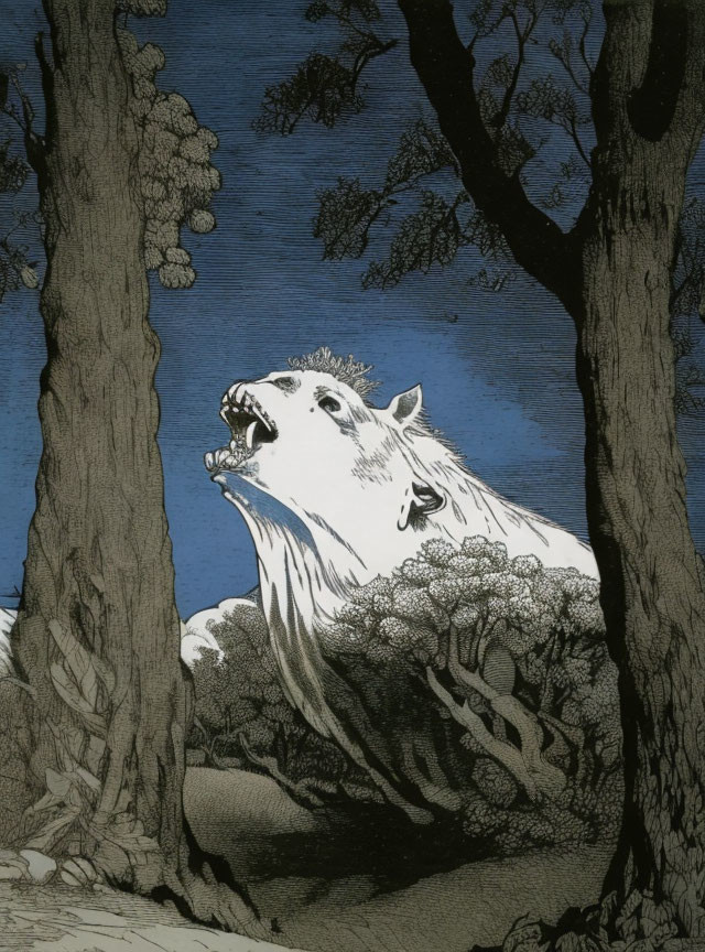 Illustration of horse emerging from ground with trees in blue and earth tones