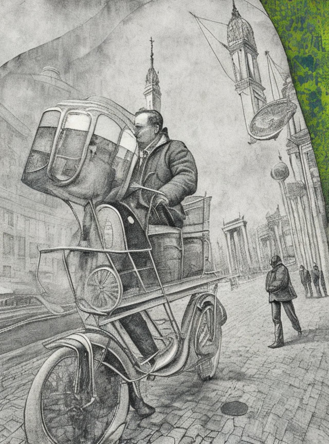 Monochrome illustration of man on futuristic bike in urban setting